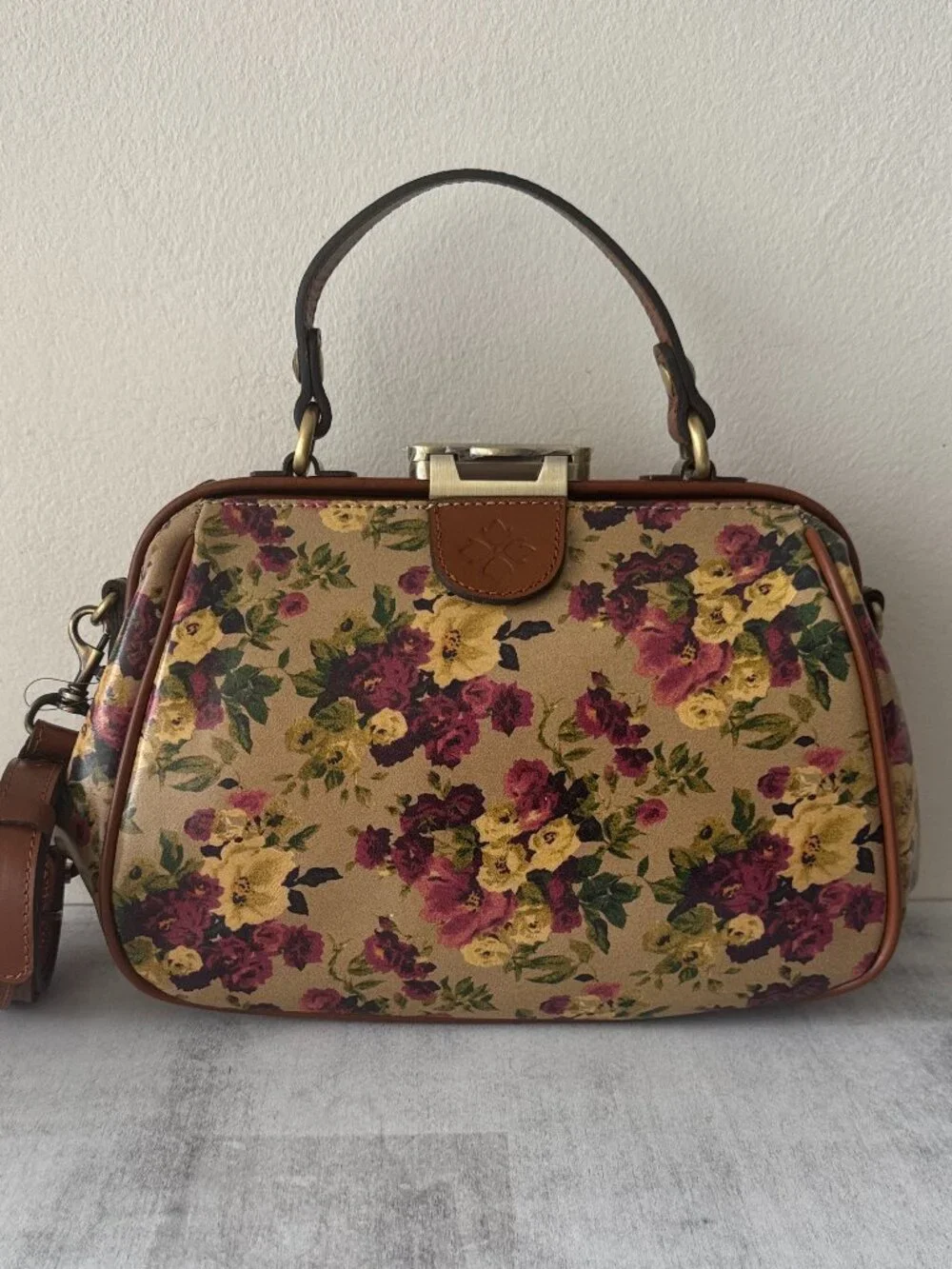 Patricia Nash Gracchi Antique Rose Tan Framed Leather Satchel Xbody Floral